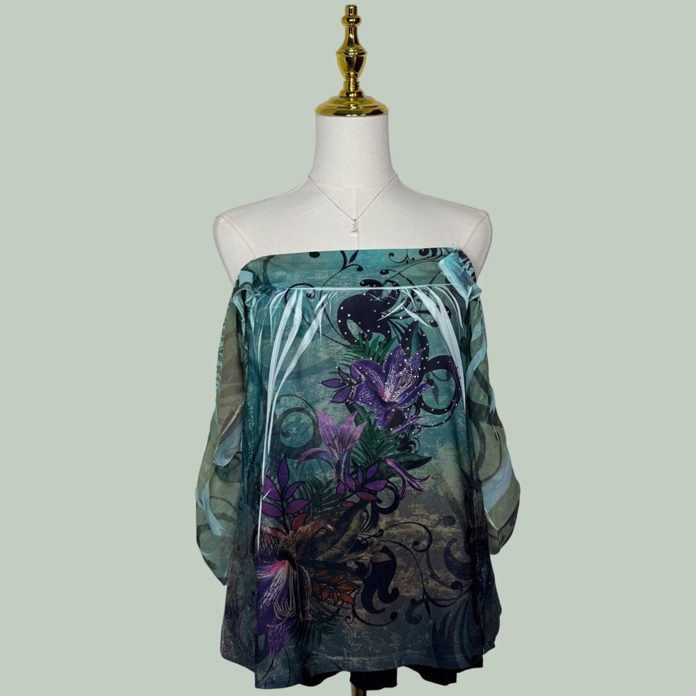 vintage ny collection green purple bling y2k floral blouse forest fairy mermaid‎